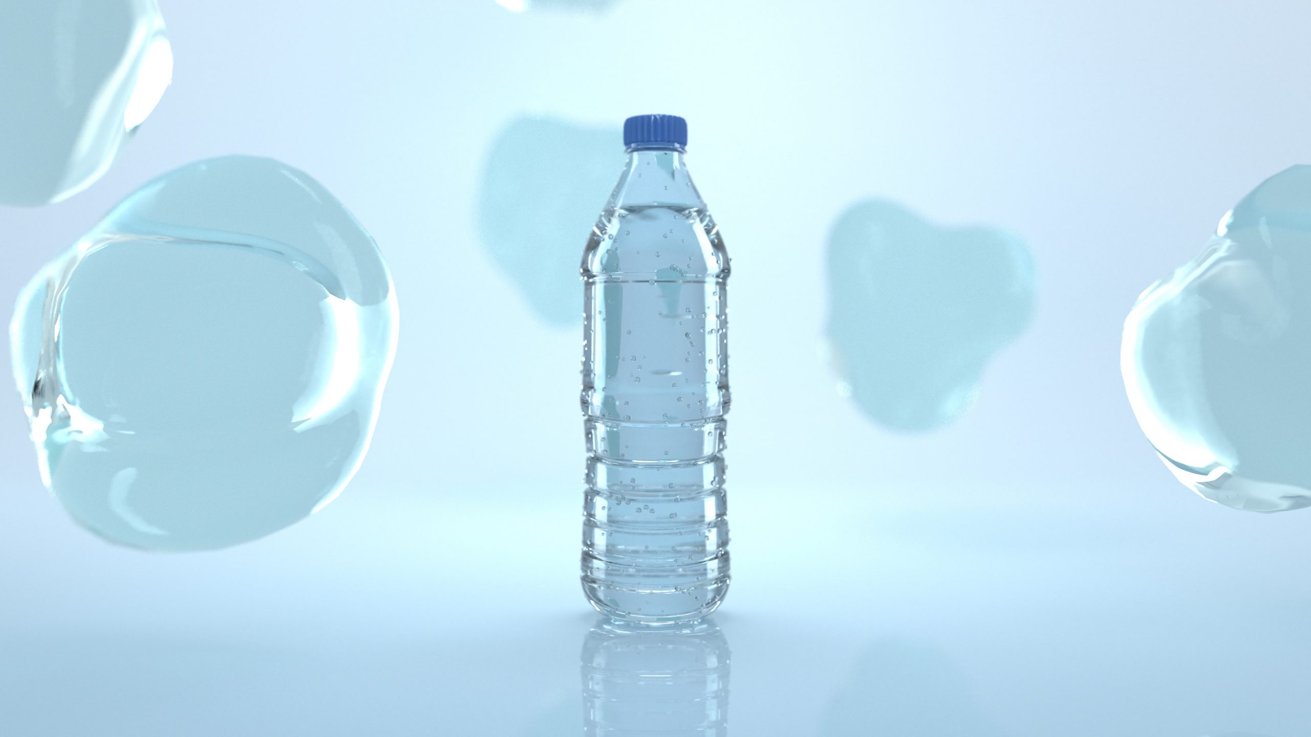 Nice realistic Water Bottle with 3D liquid Balls around. Crystal water inside bottle. Fresh light healthy drink. eco bottle with water drops on surface.